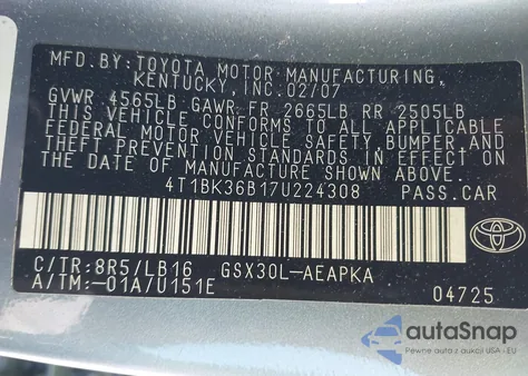 2007 Toyota Avalon Xl/Xls/Touring/Limited from USA, damaged, VIN 4T1BK36B17U224308